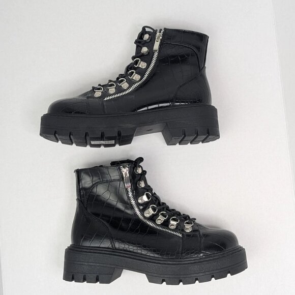 Glamorous Wide Fit Sz 7 Black Chunky Chelsea Boots Croc Print, Zip & Lace-up - Picture 3 of 7